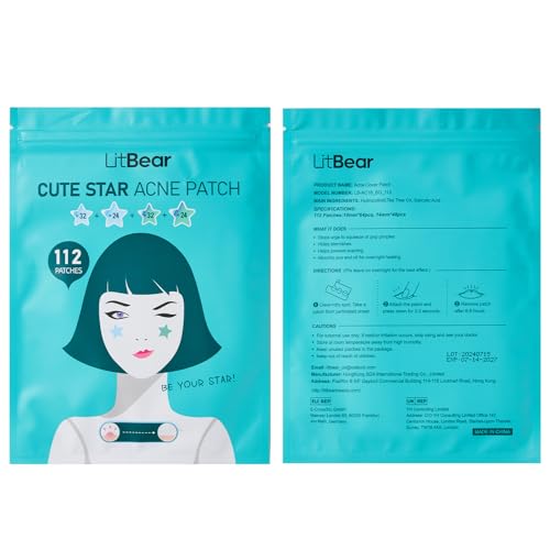 LitBaer Star-Shaped Pimple Patch Hydrocolloid Acne Stickers with Tea Tree Oil + Salicylic Acid, Cover Dot for Acne Blemish, Pimples, Whiteheads, Zit, Draw out Oil & Impurities, 112 Dots, 14mm & 10mm