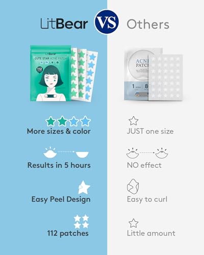 LitBaer Star-Shaped Pimple Patch Hydrocolloid Acne Stickers with Tea Tree Oil + Salicylic Acid, Cover Dot for Acne Blemish, Pimples, Whiteheads, Zit, Draw out Oil & Impurities, 112 Dots, 14mm & 10mm