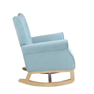 Yoluckea Modern Rocking Chair, Upholstered Rocking Armchair Accent Chair Comfy Wingback Glider Rocker with Safe Solid Wood Base for Nursery, Playroom, Bedroom and Living Room (Light Blue)