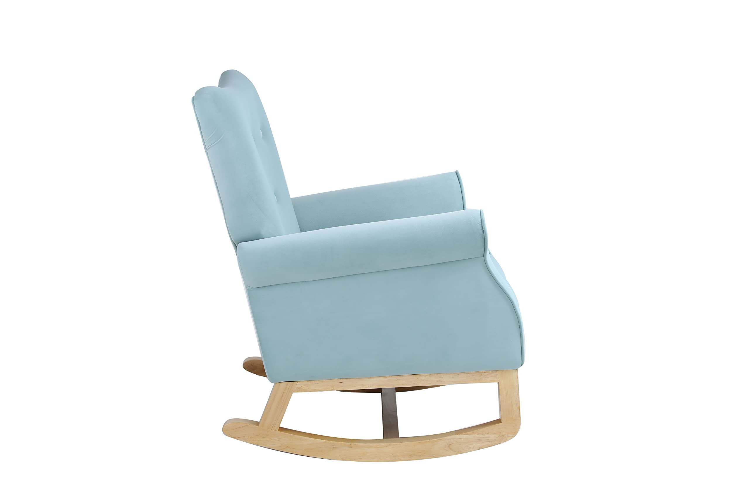 Yoluckea Modern Rocking Chair, Upholstered Rocking Armchair Accent Chair Comfy Wingback Glider Rocker with Safe Solid Wood Base for Nursery, Playroom, Bedroom and Living Room (Light Blue)