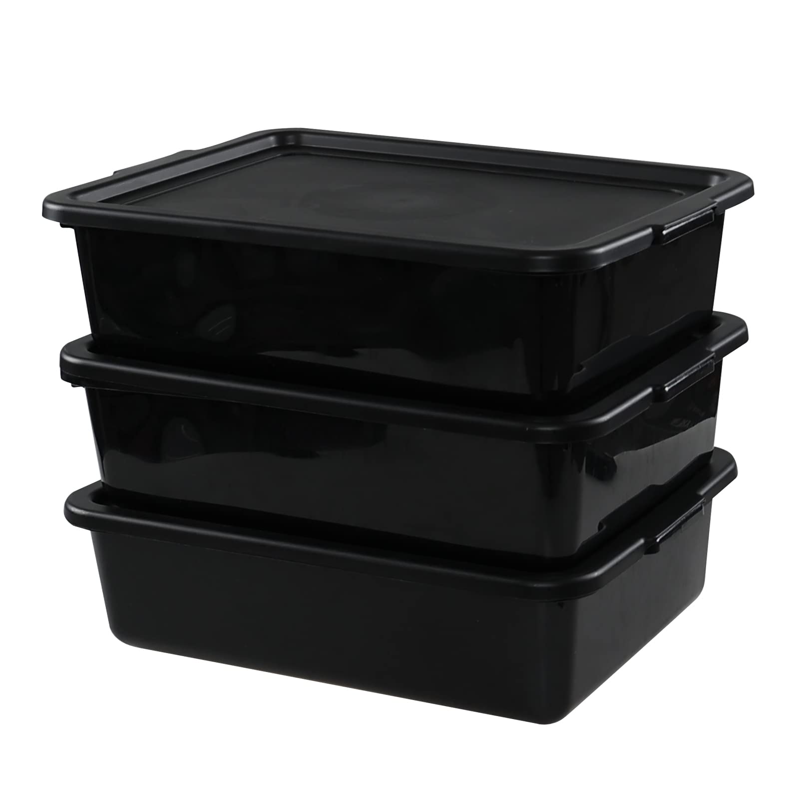 Bblina 13 Liter Commercial Bus Box Tubs with Lids, Plastic Bus Tray Set of 3, Black