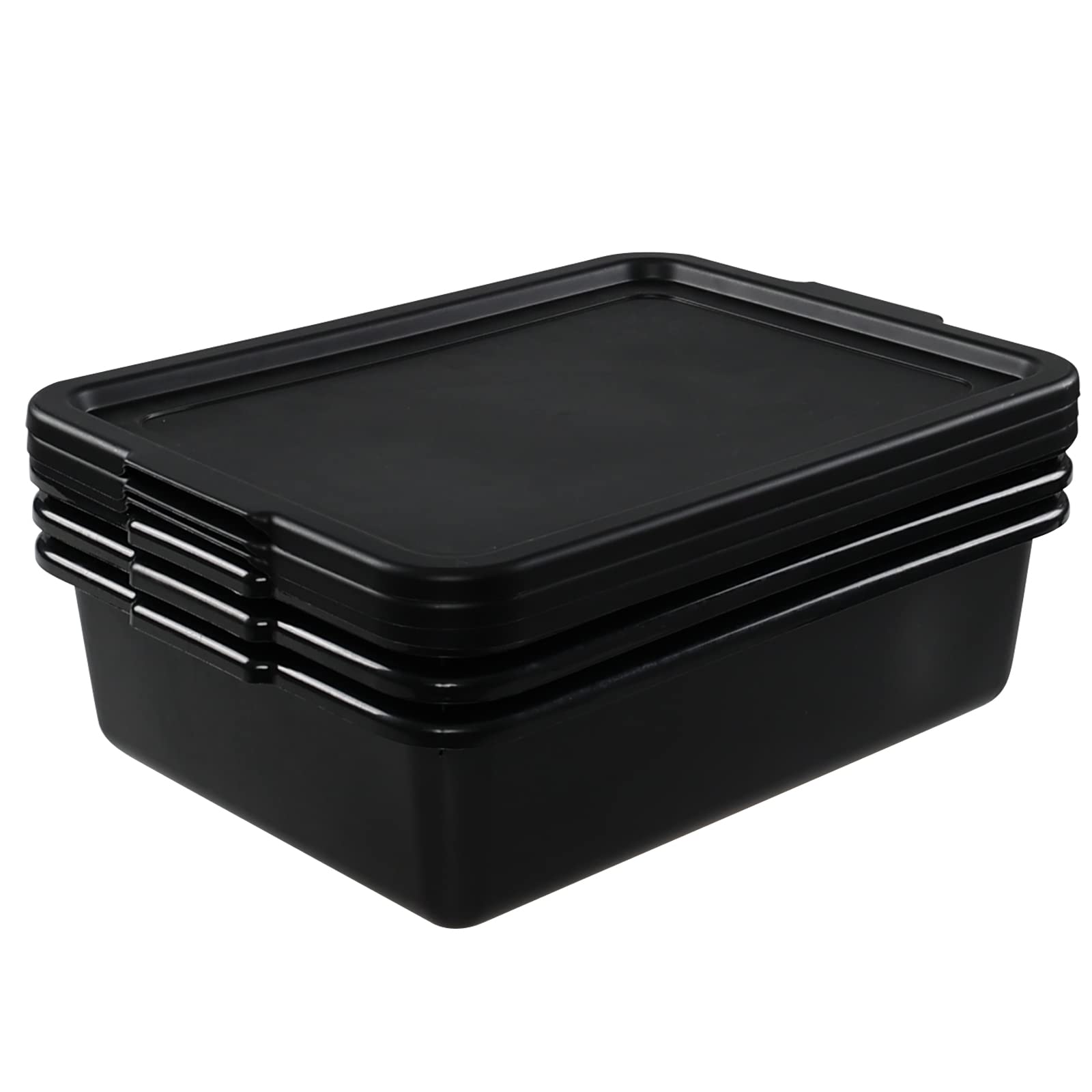 Bblina 13 Liter Commercial Bus Box Tubs with Lids, Plastic Bus Tray Set of 3, Black