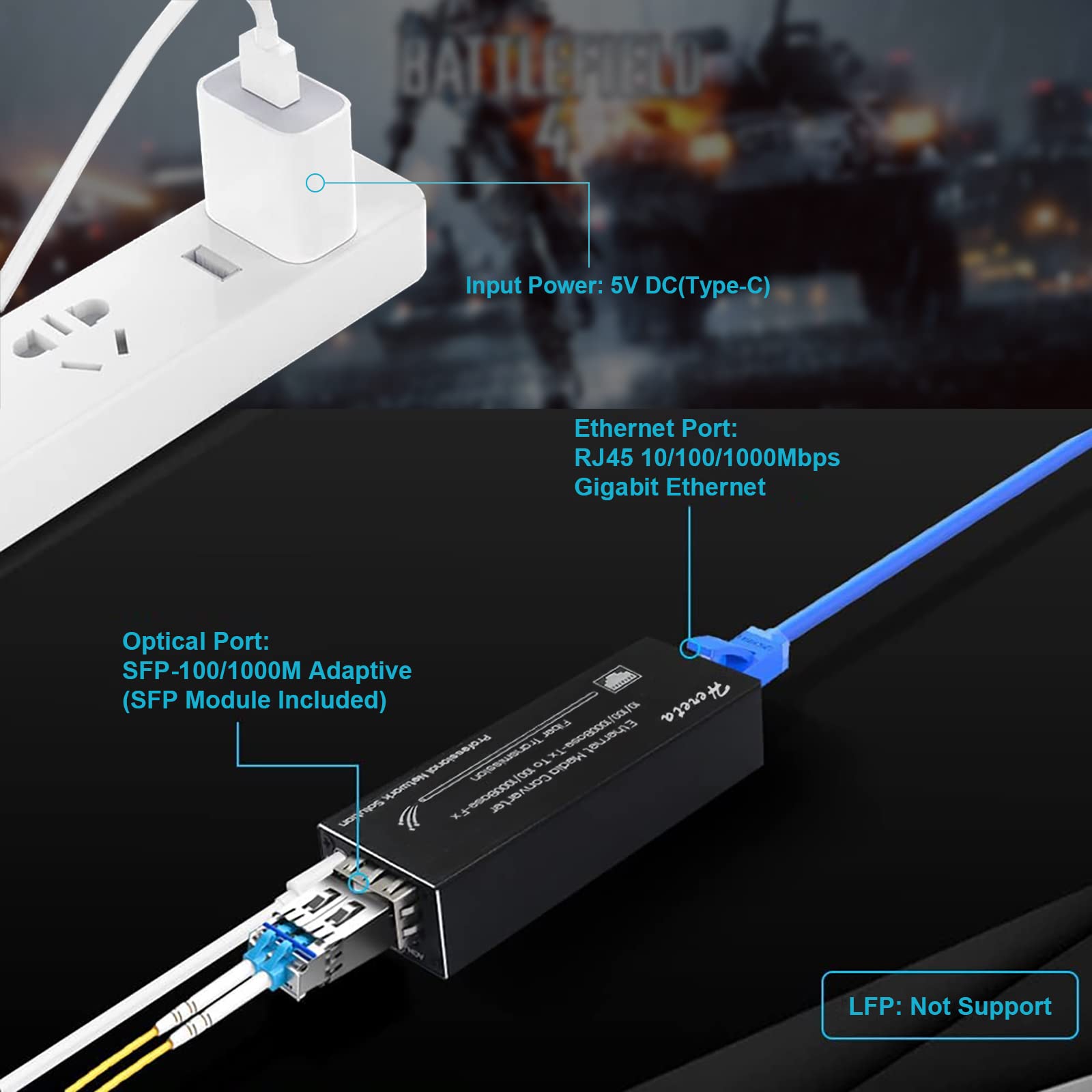 Industrial Hardened Gigabit Fiber Media Converter with Single Mode Dual Fiber SFP/LC Module 10/100/1000Base-TX to 100/1000Base-Fx Mini Ethernet Media Converter USB Type C Power Input