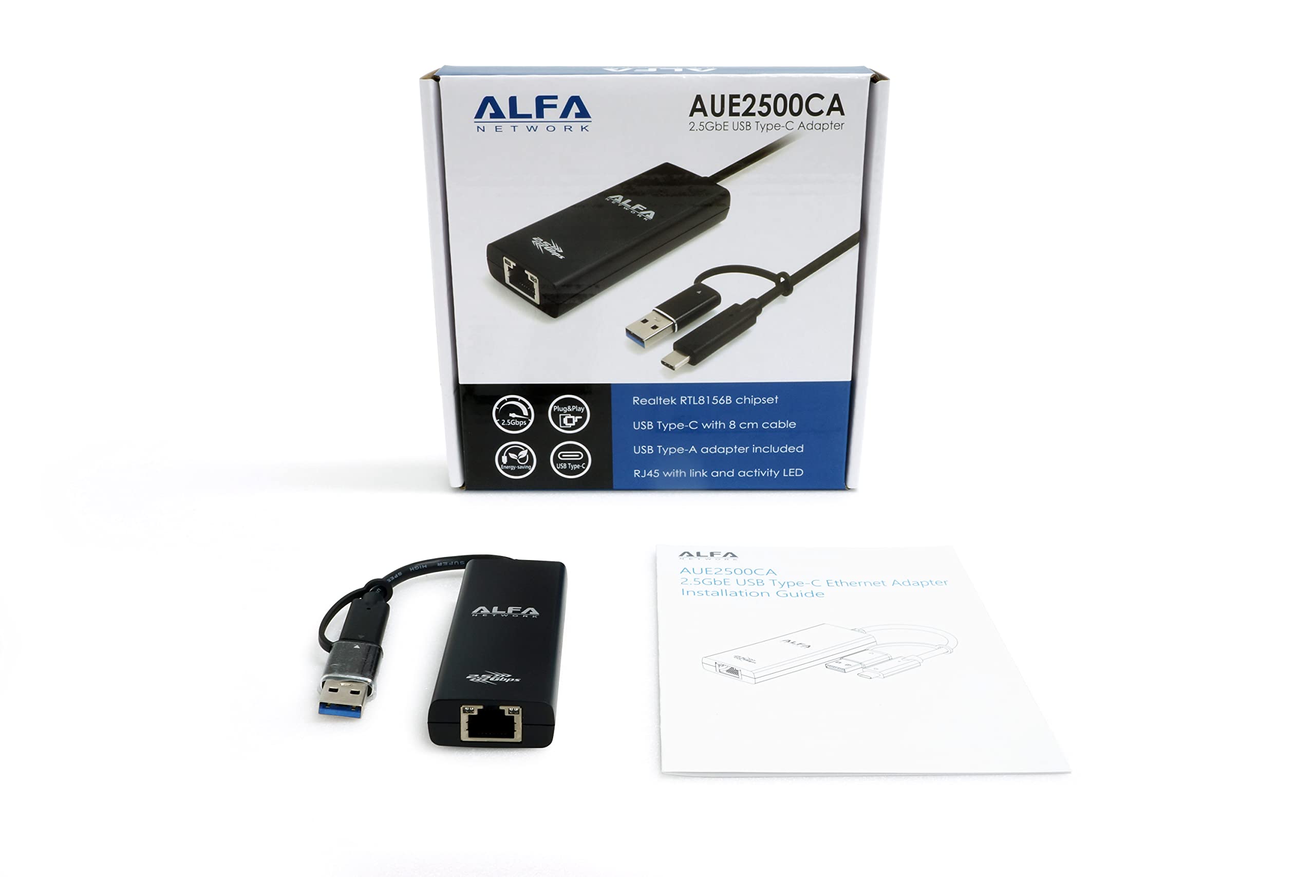 Alfa 2.5 GbE Type-C SuperSpeed USB 5 Gbps Card with Realtek™ RTL8156B and Type-A Adapter