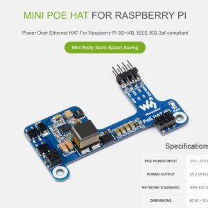 Power Over Ethernet POE HAT for Raspberry Pi 4B/3B+, IEEE 802.3af-Compliant, Mini POE HAT Support Connecting Cooling Fan, Compatible with The Raspberry Pi Official Case