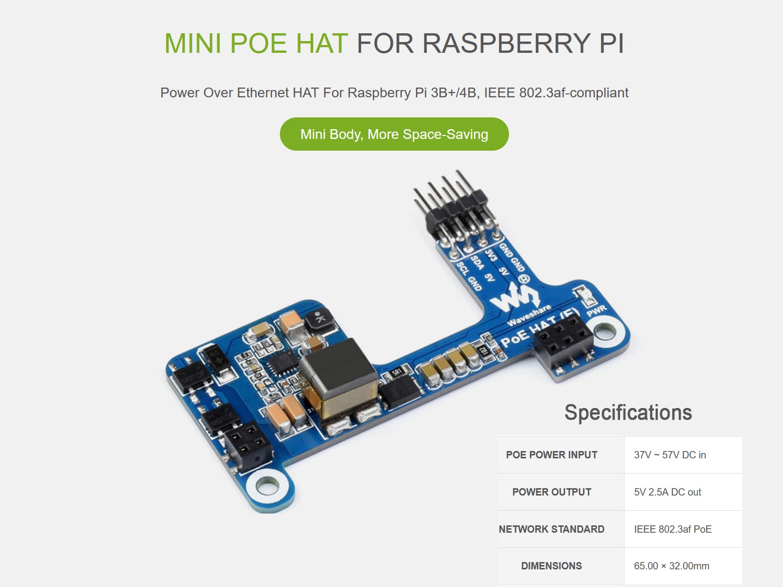 Power Over Ethernet POE HAT for Raspberry Pi 4B/3B+, IEEE 802.3af-Compliant, Mini POE HAT Support Connecting Cooling Fan, Compatible with The Raspberry Pi Official Case