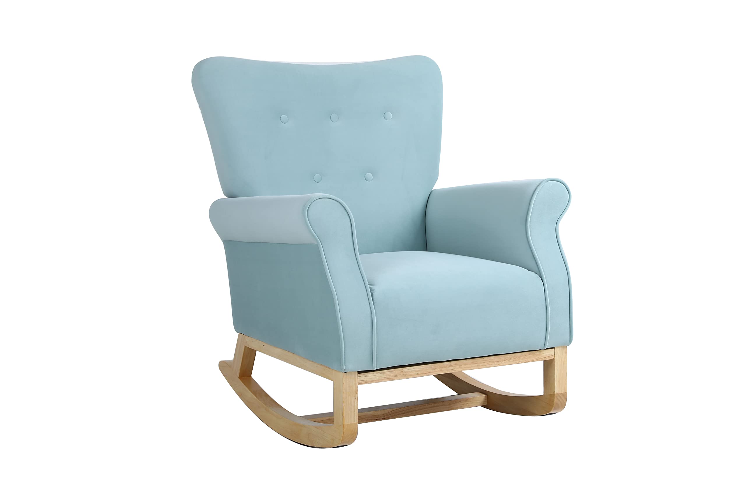 Yoluckea Modern Rocking Chair, Upholstered Rocking Armchair Accent Chair Comfy Wingback Glider Rocker with Safe Solid Wood Base for Nursery, Playroom, Bedroom and Living Room (Light Blue)