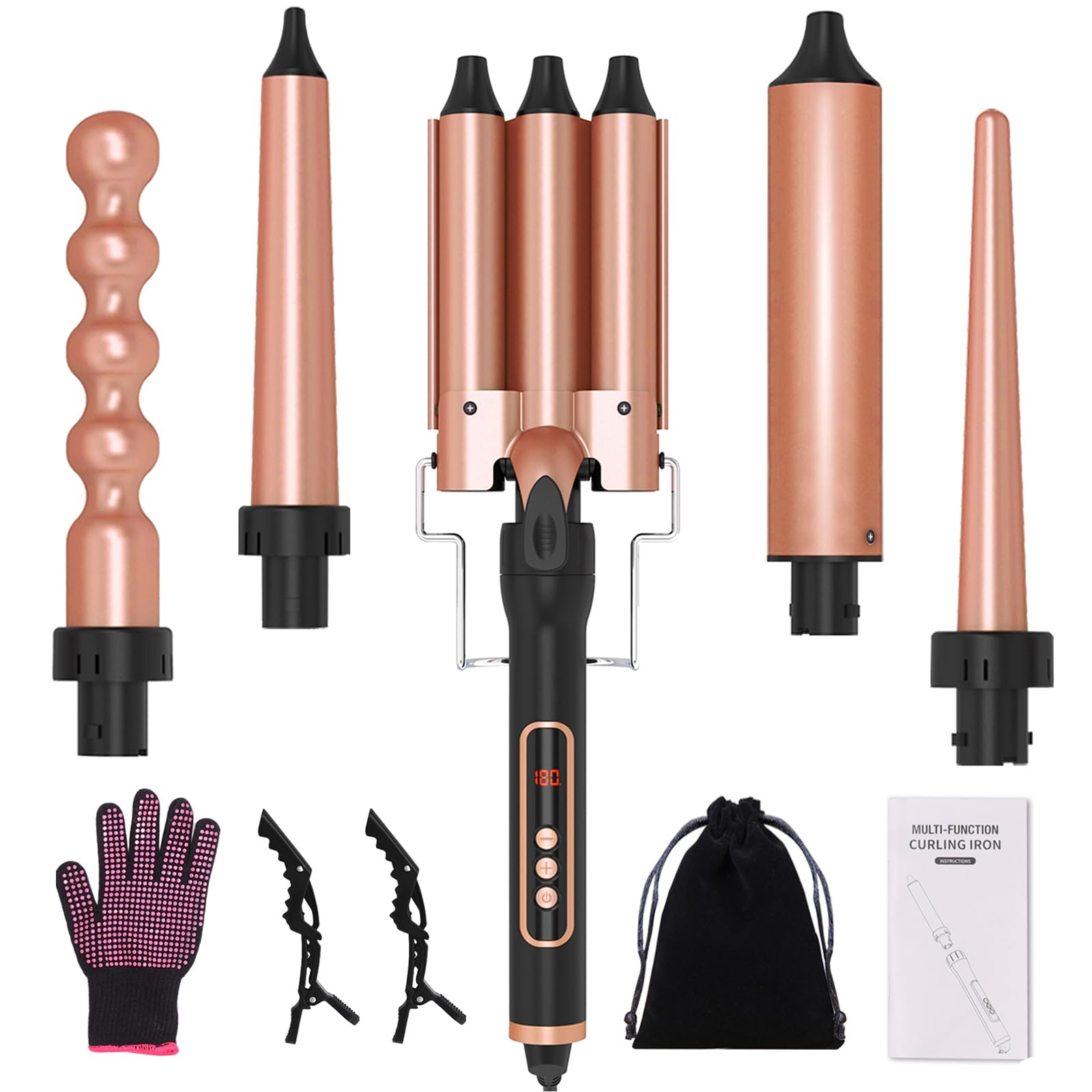 Hair Curling Iron, 5 in 1 Curling Wands Set with Interchangeable 0.35''-1.3'' Barrels for Curly Hairstyle, 30s Heat Up, 180-450°F Temp Adjustment, Glove & Clips Included