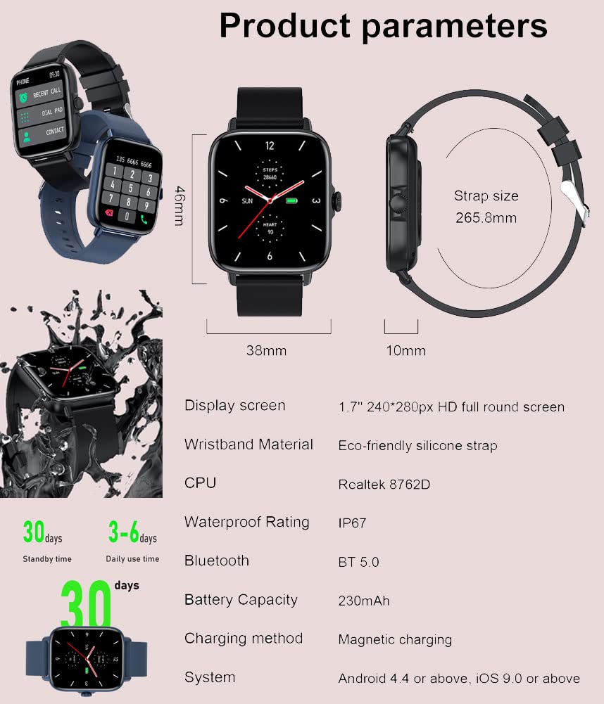 Carlinvi Smart Watch for Men and Women Bluetooth Waterproof SmartWatch with 1.7" Touch Screen Activity Tracker with Step Calorie Counter Heart Rate Monitor for Android & iOS Phones