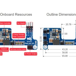 Power Over Ethernet POE HAT for Raspberry Pi 4B/3B+, IEEE 802.3af-Compliant, Mini POE HAT Support Connecting Cooling Fan, Compatible with The Raspberry Pi Official Case