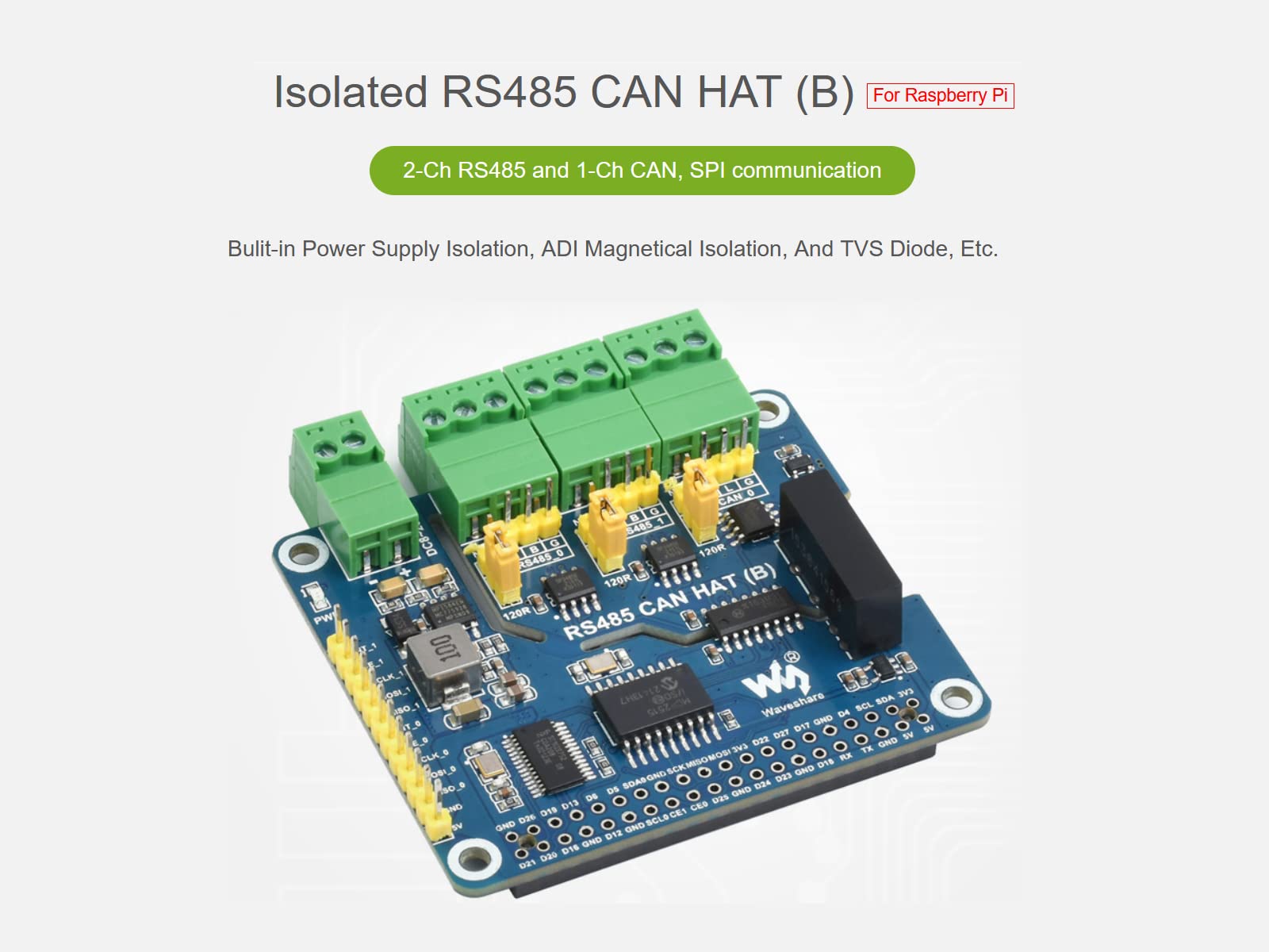 waveshare RS485 CAN HAT for Raspberry Pi, Expand 2-Ch RS485 and 1-Ch CAN, SPI Communication, Industrial Grade Isolation Protections