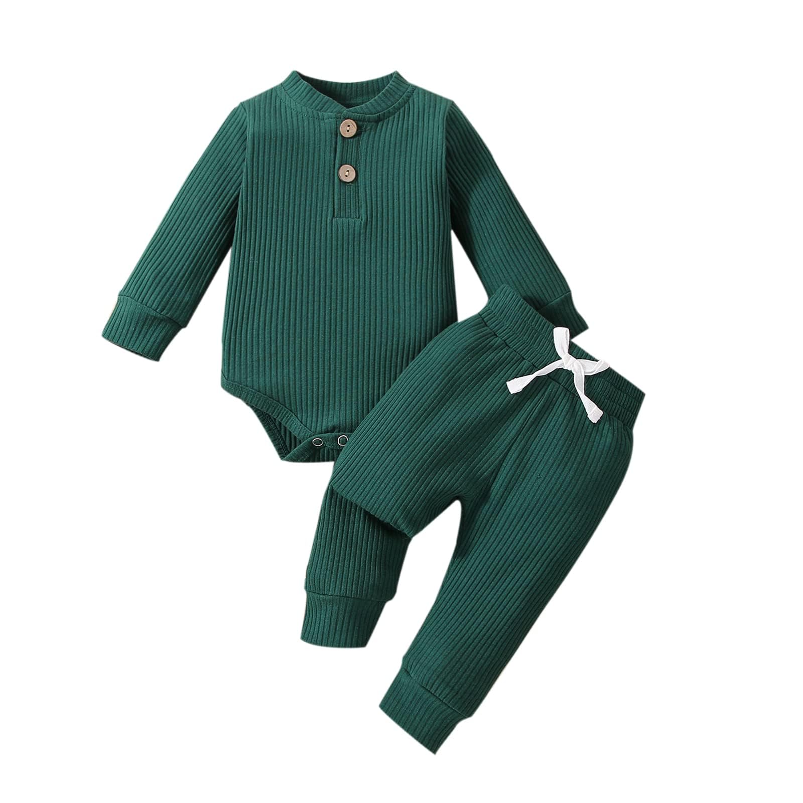 vivifayee Infant Newborn Baby Boy Clothes Christmas Outfits Long Sleeve Romper Onesie Pants Set Knitted Ribbed Cotton Green Clothing 2Pcs