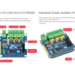 waveshare RS485 CAN HAT for Raspberry Pi, Expand 2-Ch RS485 and 1-Ch CAN, SPI Communication, Industrial Grade Isolation Protections