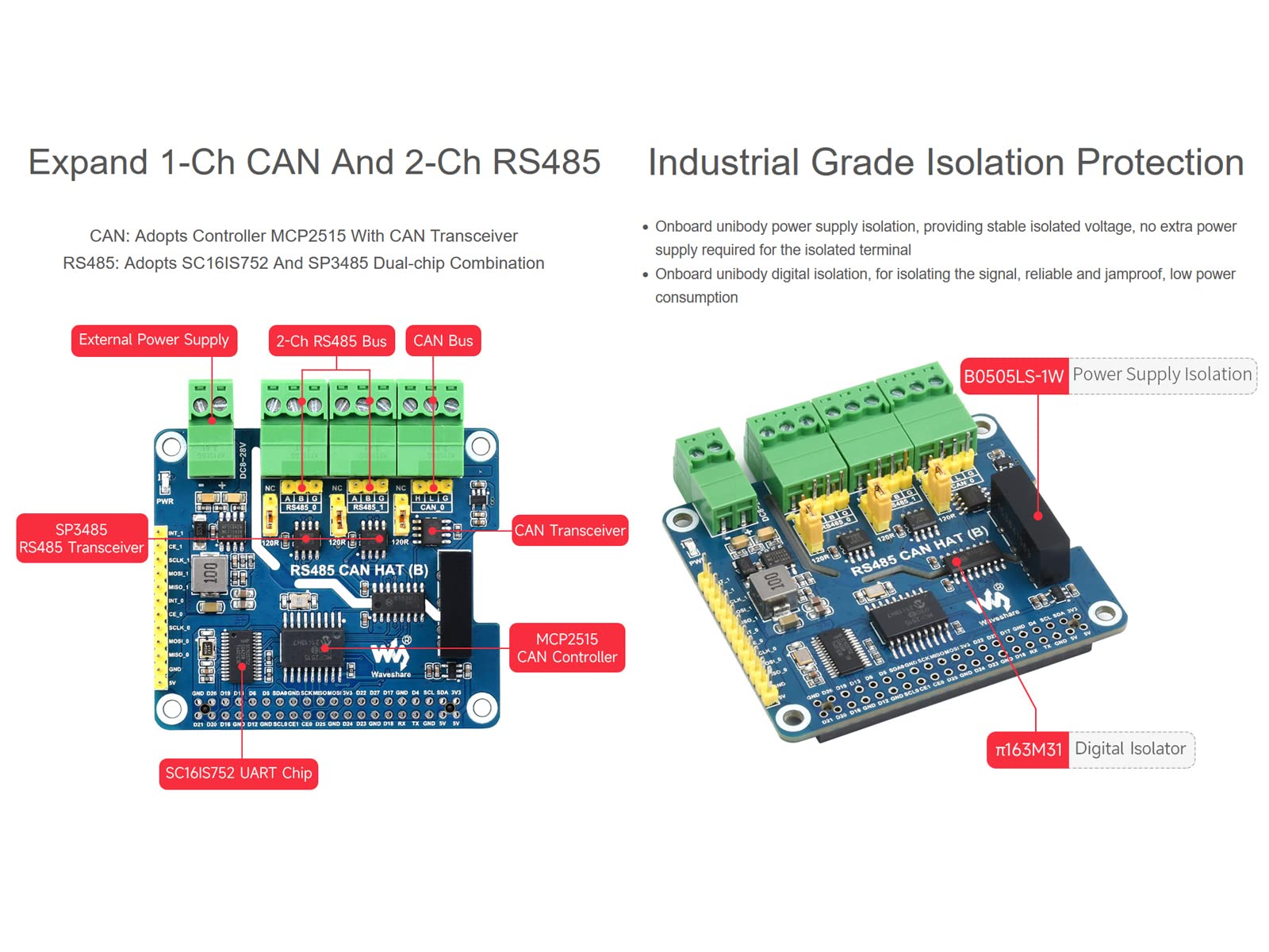 waveshare RS485 CAN HAT for Raspberry Pi, Expand 2-Ch RS485 and 1-Ch CAN, SPI Communication, Industrial Grade Isolation Protections