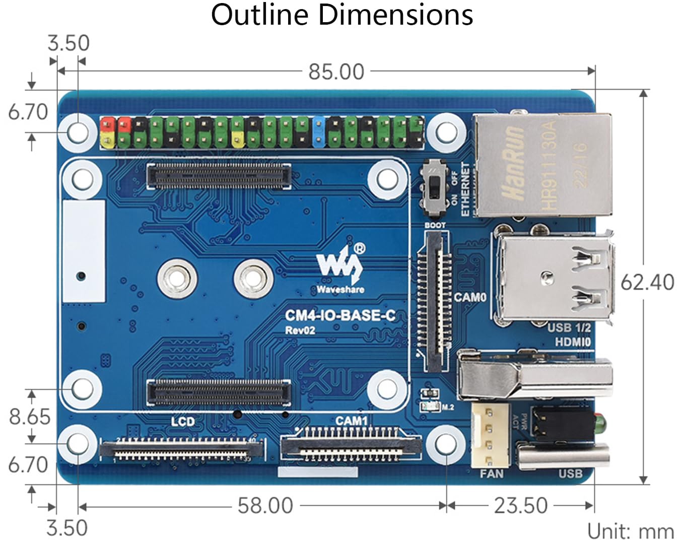 CM4 Base Board (Advanced C Version) for Compute Module 4, with Raspberry Pi 40PIN GPIO Header/MIPI CSI Camera Ports/LCD Display Port/Fan/HDMI/USB/Gigabit Ethernet RJ45 Connector