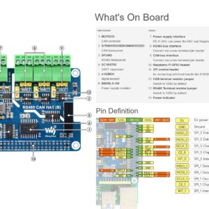 waveshare RS485 CAN HAT for Raspberry Pi, Expand 2-Ch RS485 and 1-Ch CAN, SPI Communication, Industrial Grade Isolation Protections