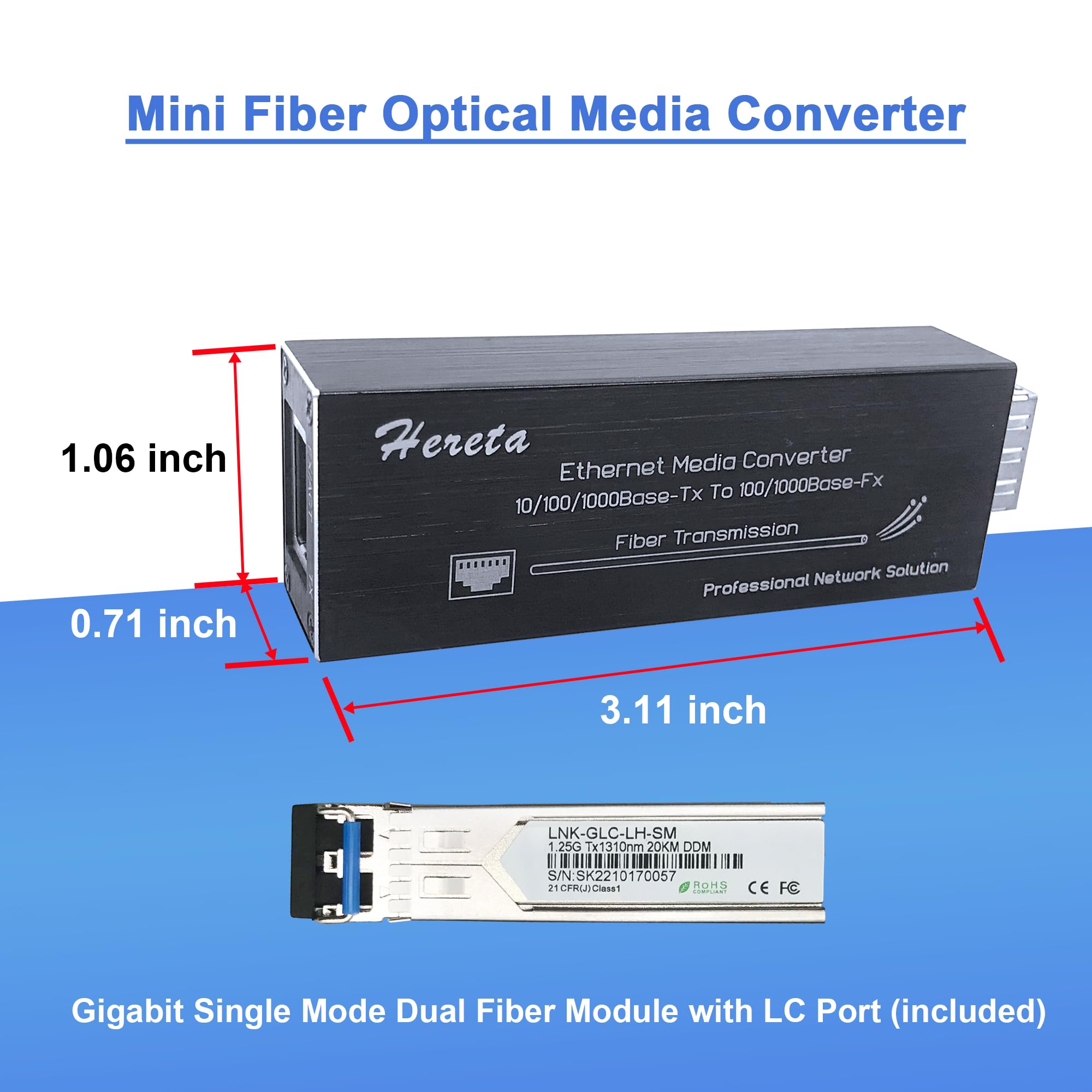 Industrial Hardened Gigabit Fiber Media Converter with Single Mode Dual Fiber SFP/LC Module 10/100/1000Base-TX to 100/1000Base-Fx Mini Ethernet Media Converter USB Type C Power Input