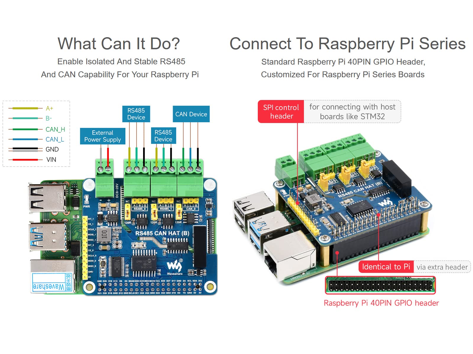 waveshare RS485 CAN HAT for Raspberry Pi, Expand 2-Ch RS485 and 1-Ch CAN, SPI Communication, Industrial Grade Isolation Protections