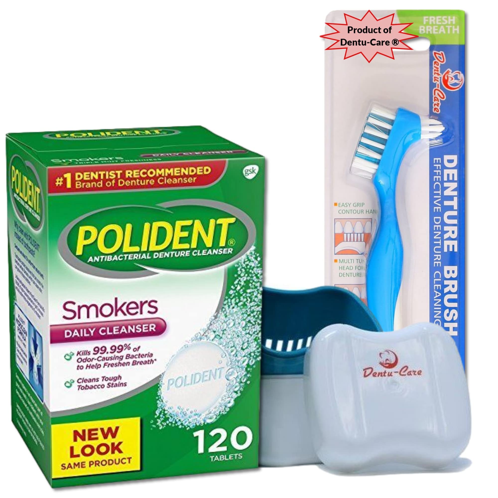 Denture Cleaning Tablets Smokers 120 Tablets bundle with Dentu-Care Denture Case and Denture Brush for Maintaining Good Clean Full Partial Dentures Mouthguards