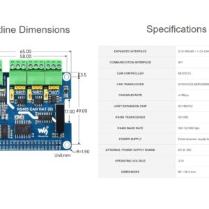 waveshare RS485 CAN HAT for Raspberry Pi, Expand 2-Ch RS485 and 1-Ch CAN, SPI Communication, Industrial Grade Isolation Protections