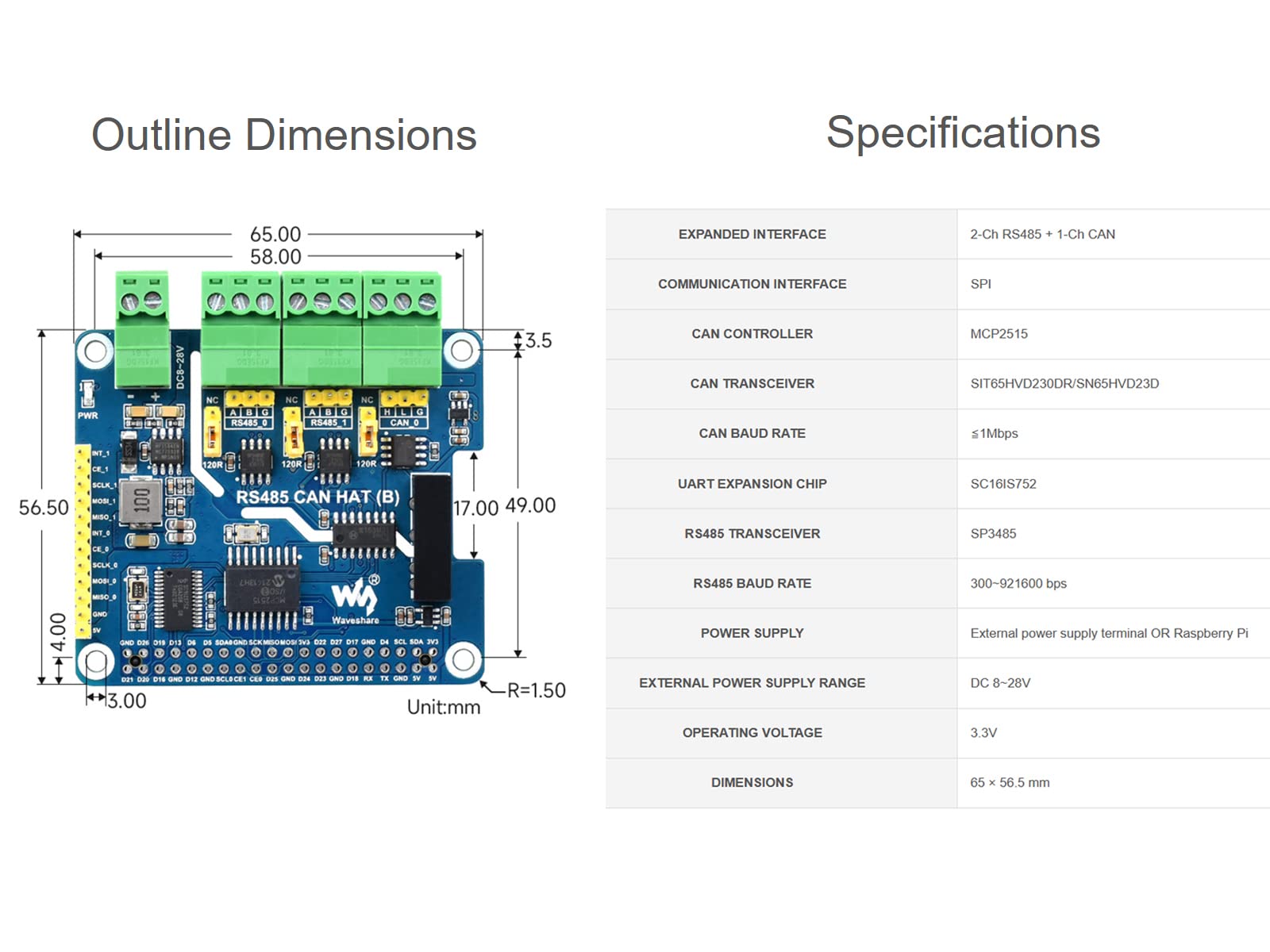 waveshare RS485 CAN HAT for Raspberry Pi, Expand 2-Ch RS485 and 1-Ch CAN, SPI Communication, Industrial Grade Isolation Protections