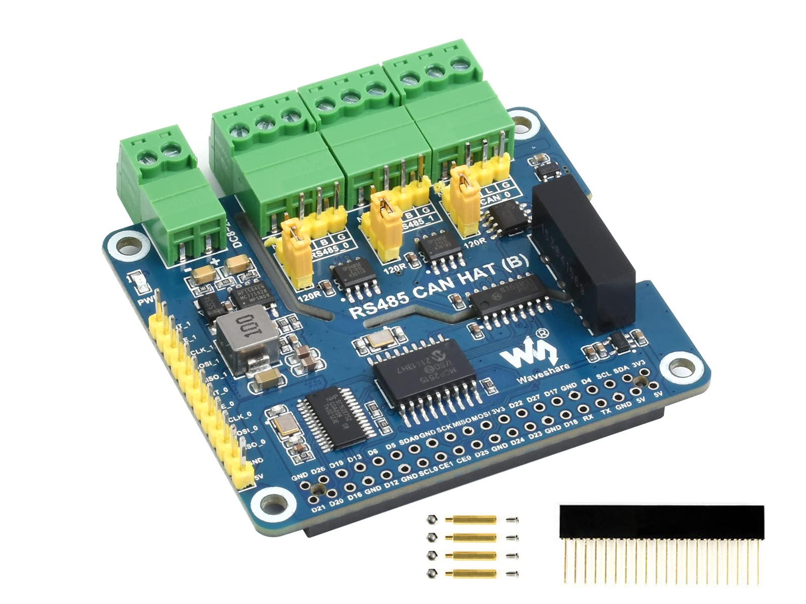 waveshare RS485 CAN HAT for Raspberry Pi, Expand 2-Ch RS485 and 1-Ch CAN, SPI Communication, Industrial Grade Isolation Protections