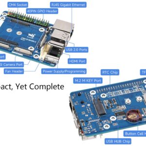 CM4 Base Board (Advanced C Version) for Compute Module 4, with Raspberry Pi 40PIN GPIO Header/MIPI CSI Camera Ports/LCD Display Port/Fan/HDMI/USB/Gigabit Ethernet RJ45 Connector