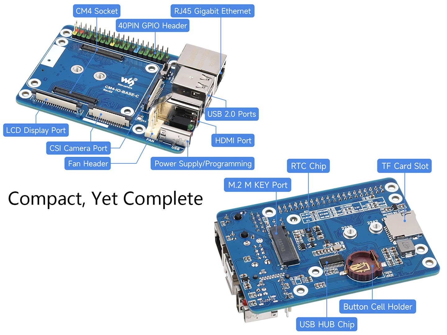 CM4 Base Board (Advanced C Version) for Compute Module 4, with Raspberry Pi 40PIN GPIO Header/MIPI CSI Camera Ports/LCD Display Port/Fan/HDMI/USB/Gigabit Ethernet RJ45 Connector