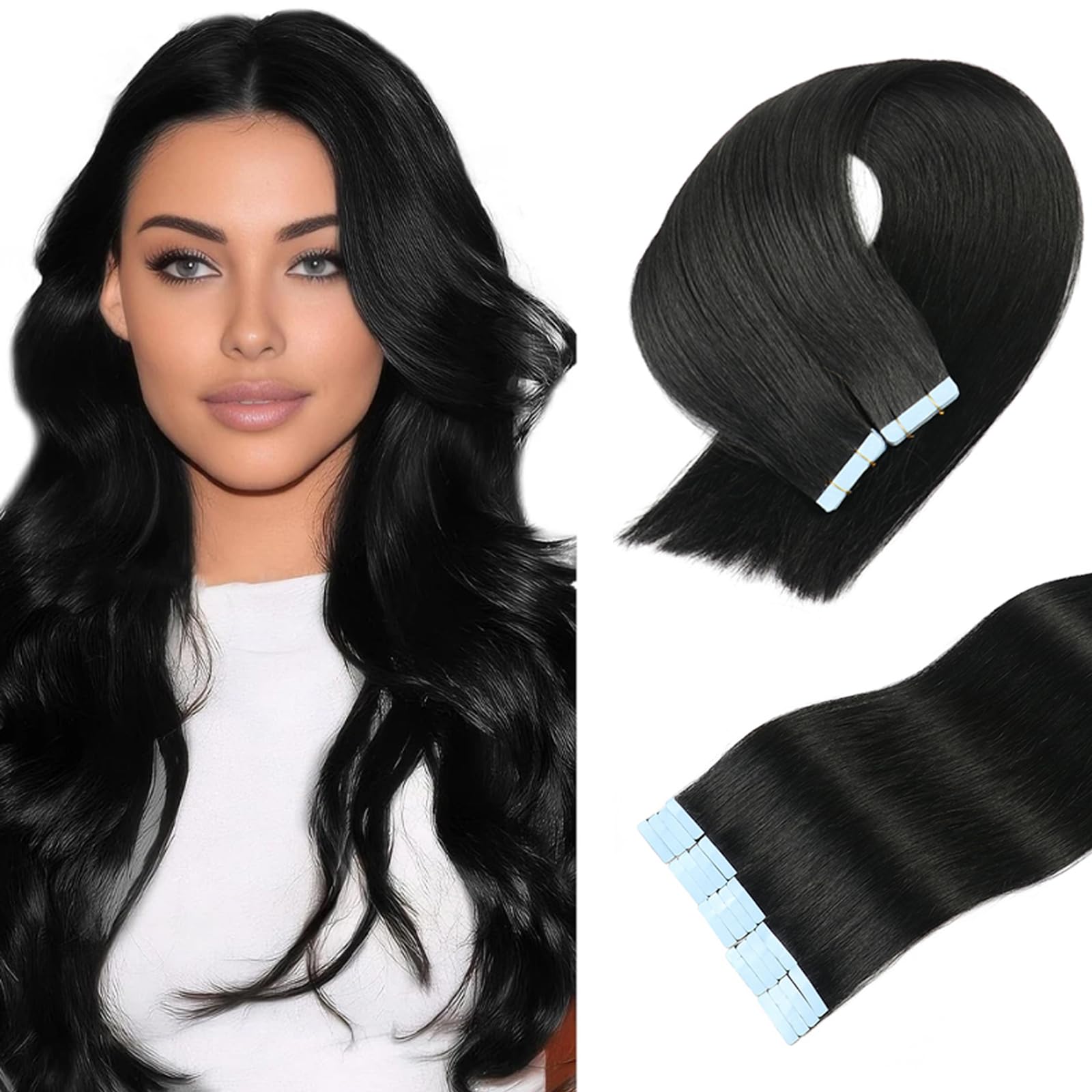 Tape in Hair Extensions Human Hair Double Weft Real Human Hair Extensions Seamless Straight Human Hair Extensions for Fashion Women(#1,20inch)