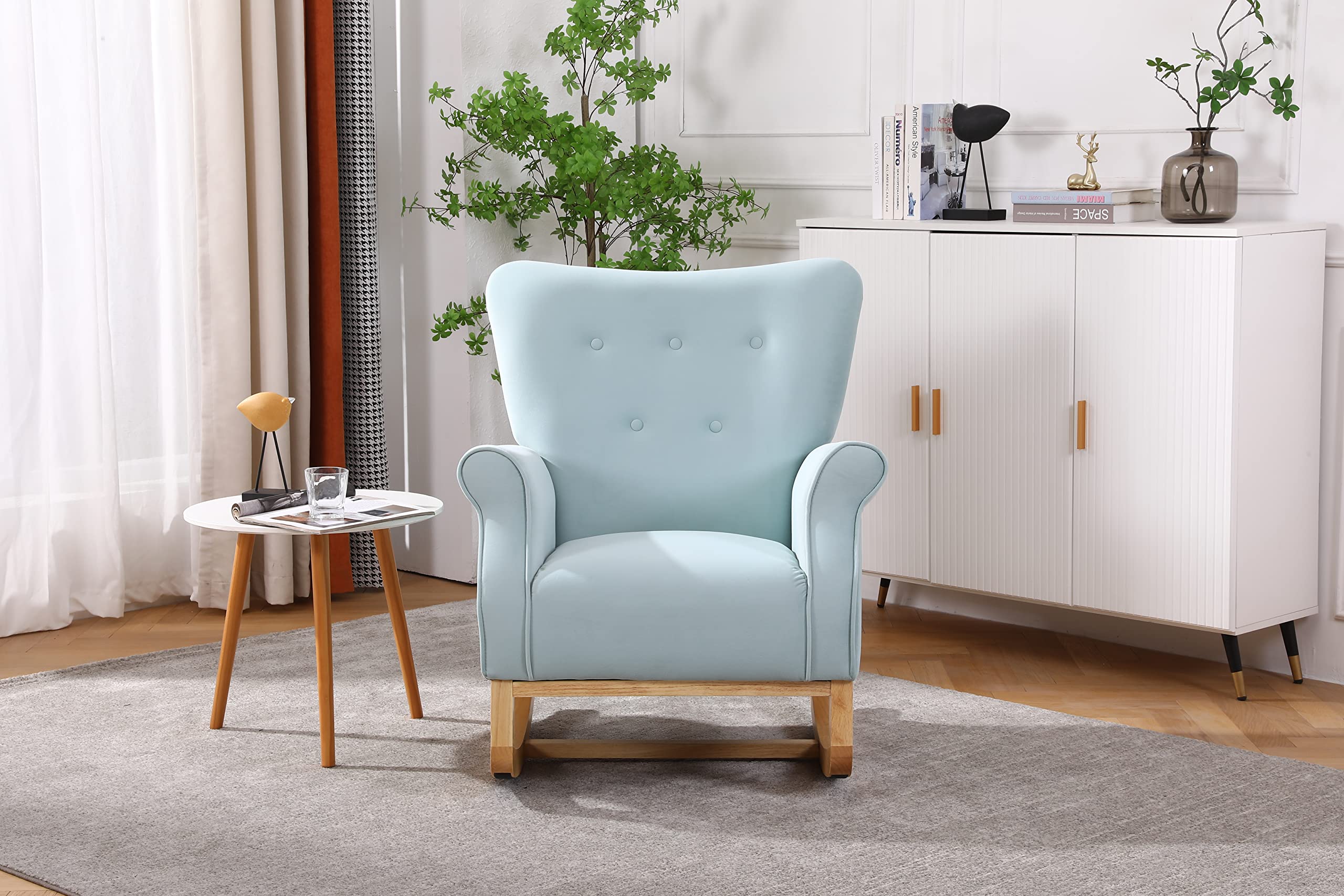 Yoluckea Modern Rocking Chair, Upholstered Rocking Armchair Accent Chair Comfy Wingback Glider Rocker with Safe Solid Wood Base for Nursery, Playroom, Bedroom and Living Room (Light Blue)