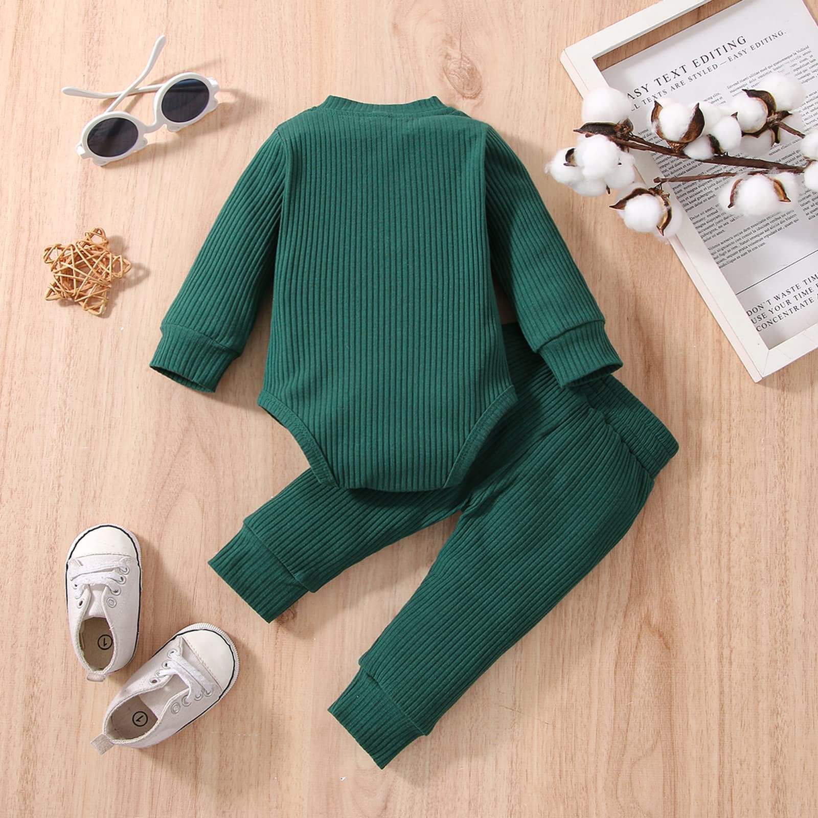 vivifayee Infant Newborn Baby Boy Clothes Christmas Outfits Long Sleeve Romper Onesie Pants Set Knitted Ribbed Cotton Green Clothing 2Pcs