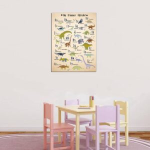 Cute Animal Dinosaur Alphabet Kid Educational Chart Boys Room Canvas Wall Art for Nursery Kids Children Play Room Wall Decor Retro Parchment paper Style Framed 12x16inch