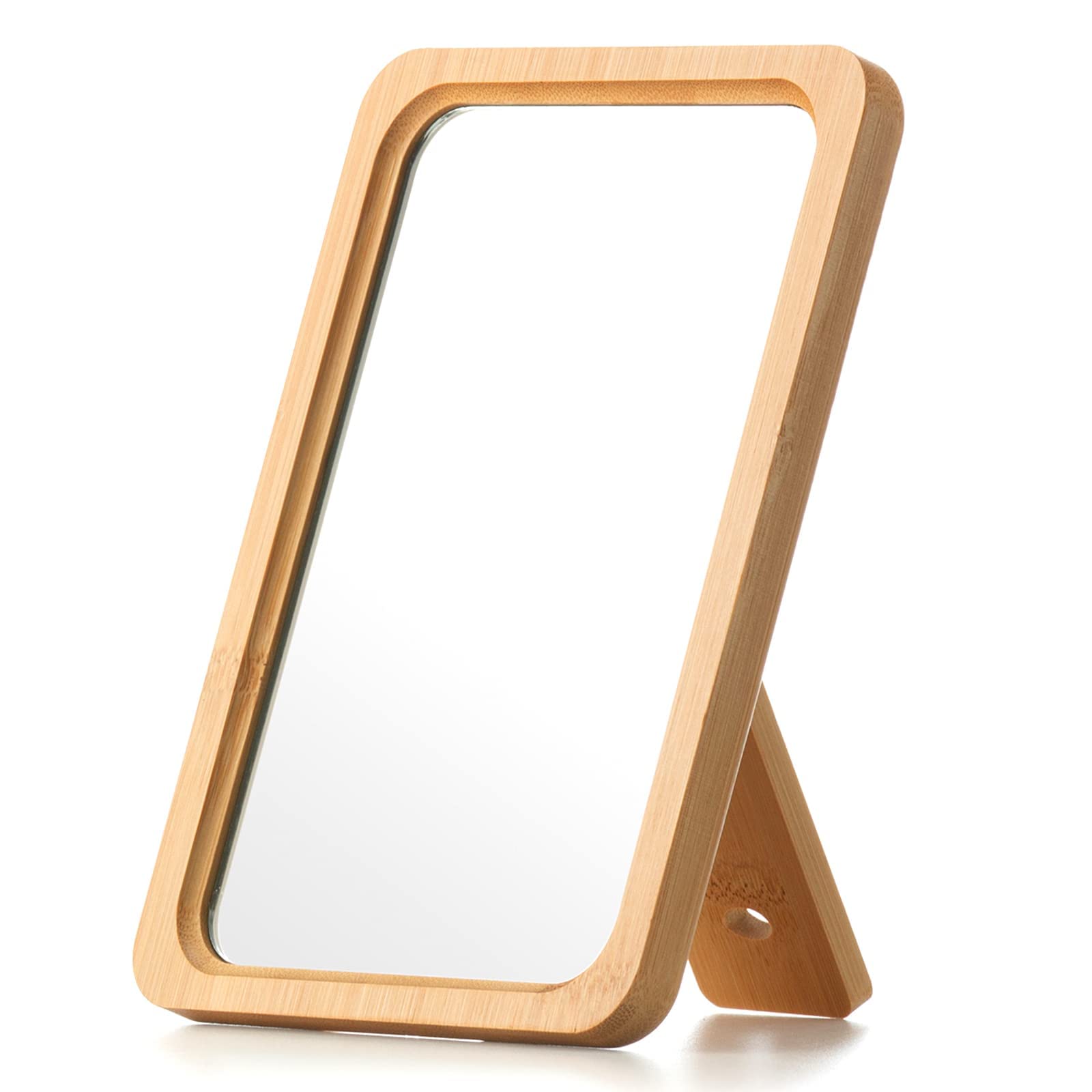 Jasefa Natural Bamboo Desk Table Mirror, Folding Makeup Mirror with Handheld/Stand,Portable Small Desktop Cosmetic Mirror Good for Travel, Cosmetic, Office,6.5" W x 9.1" L