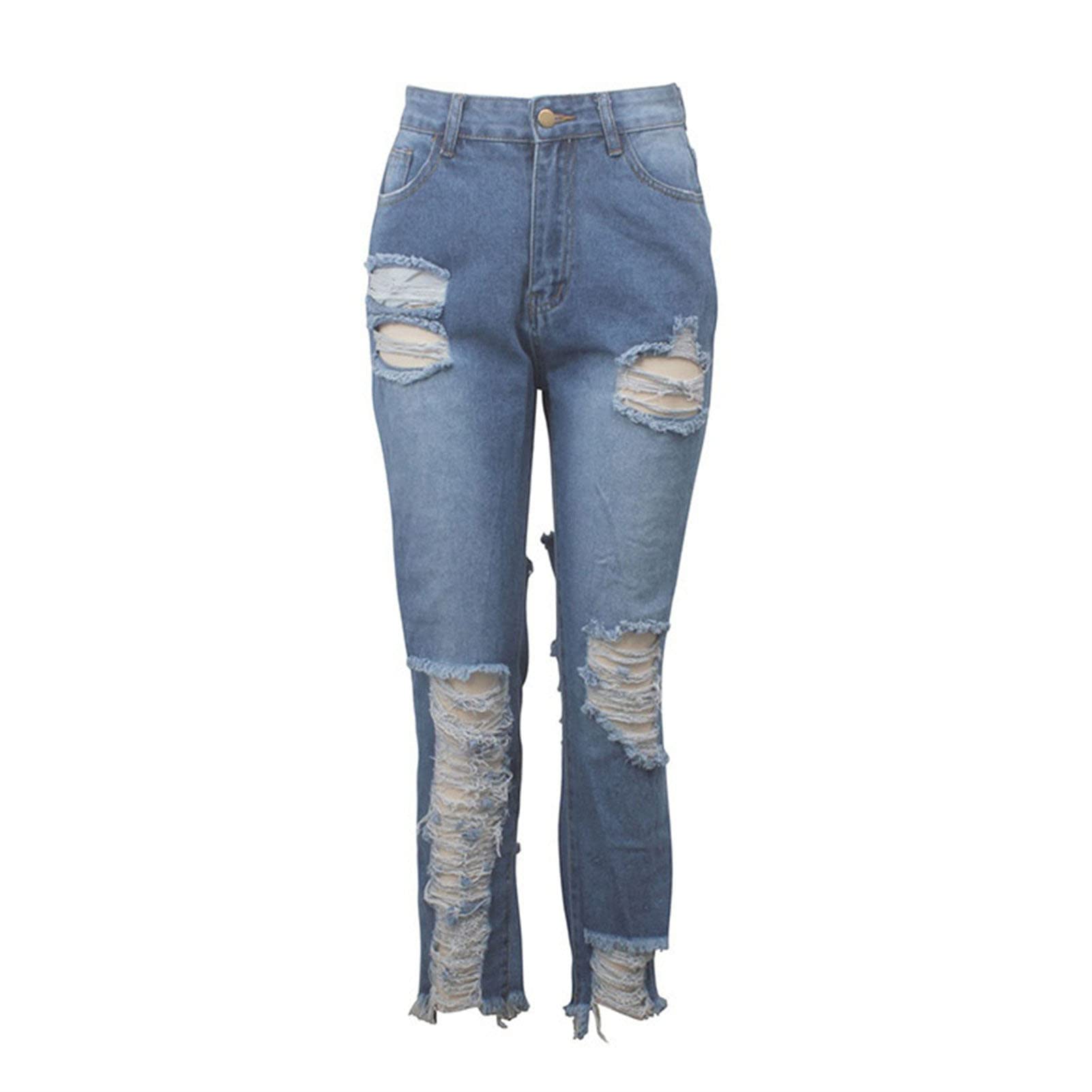 Maiyifu-GJ Women Destroyed Raw Hem Jeans High Waisted Ripped Loose Boyfriend Denim Pants Distressed Ankle Washed Jean Trousers (Blue,Small)