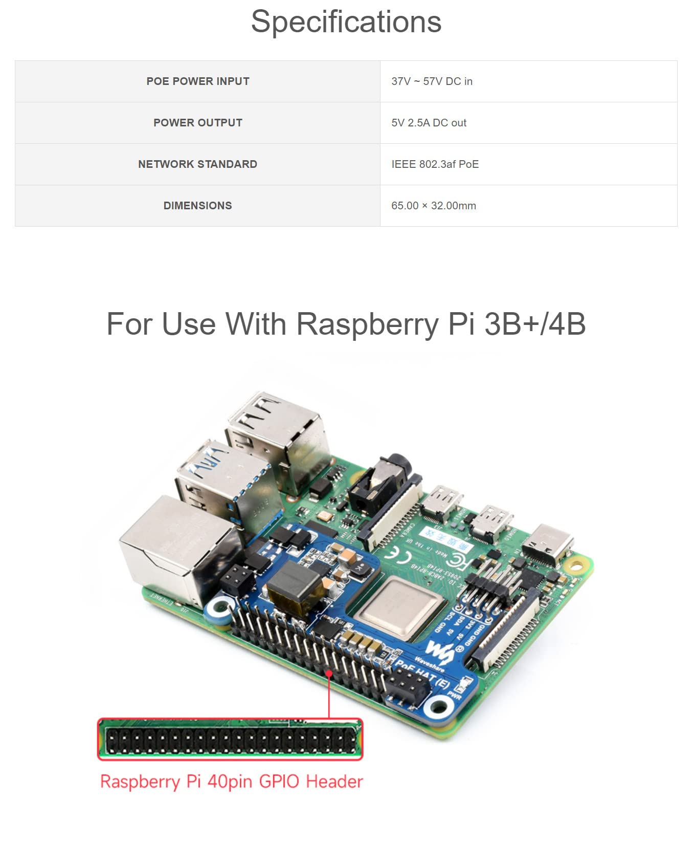 Power Over Ethernet HAT (E) for Raspberry Pi 3B+/4B, Compatible Raspberry Pi Official Case, IEEE 802.3af-Compliant, SMPS Technology