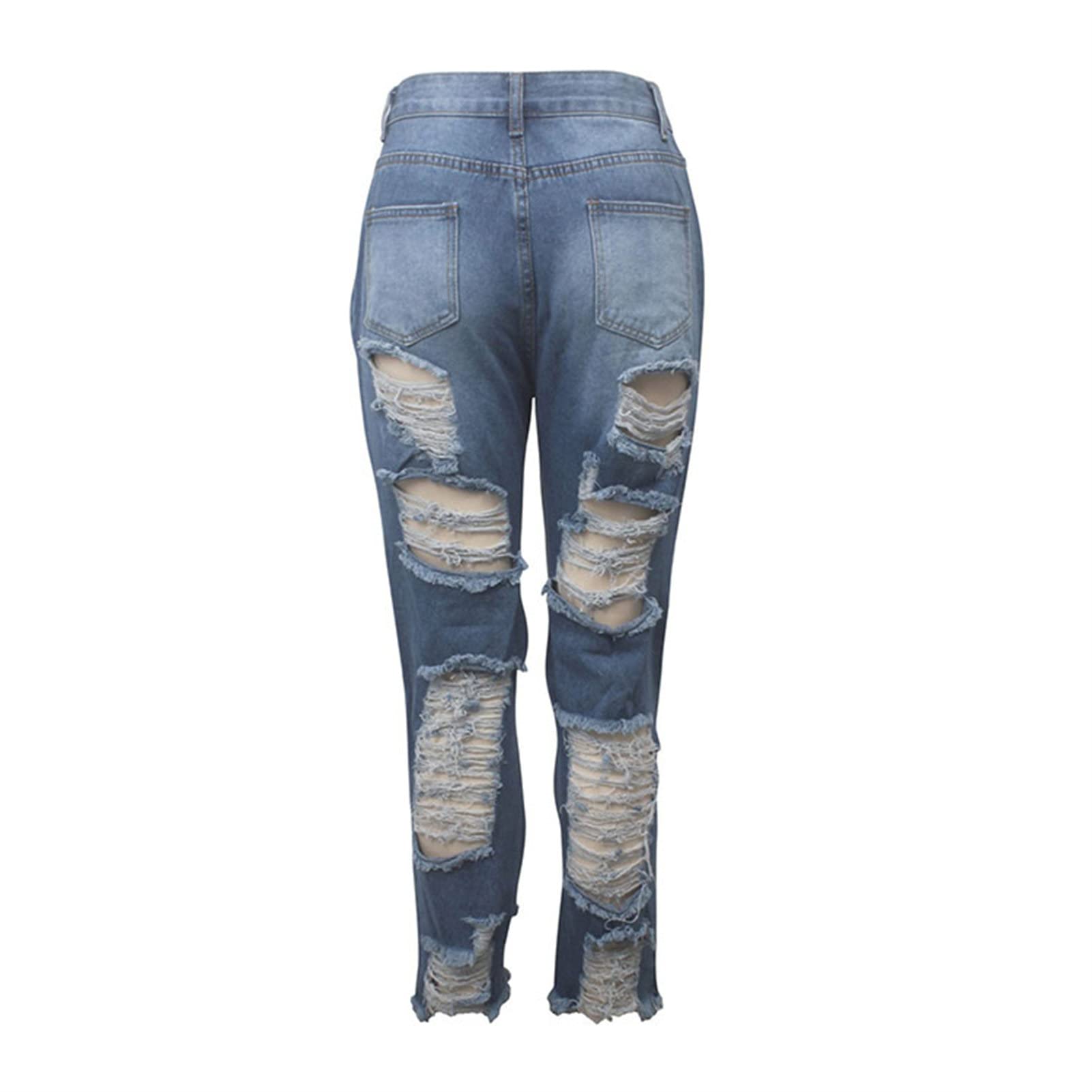 Maiyifu-GJ Women Destroyed Raw Hem Jeans High Waisted Ripped Loose Boyfriend Denim Pants Distressed Ankle Washed Jean Trousers (Blue,Small)