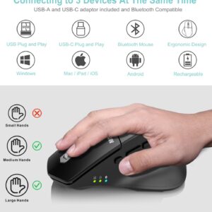 Arteck Multi-Device Wireless Bluetooth Mouse with Nano USB-A, USB-C Receiver Ergonomic Right Hand Silent Clicking Rechargeable Mouse for Computer Desktop PC Laptop Mac iPad and Windows 11/10 iPad OS