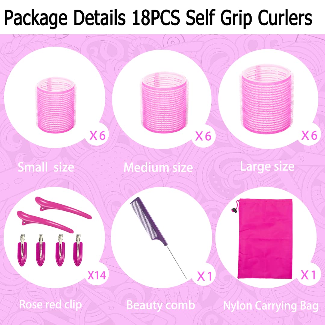 TINGIC Hair Roller Set - Jumbo Self-Grip Rollers With Clips for Long, Medium, and Short Hair (18 pcs)