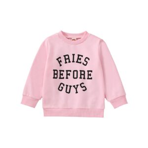 twopumpkin toddler valentine's day shrit baby girl letter print outfit crewneck sweatshirt long sleeve holiday sister matching clothes 2-3t v fries before guys pink