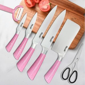 Kitchen Knife Set, Retrosohoo 9PC Pink Wheat Straw Sharp Cooking Knife Set with Acrylic Stand, Stainless Steel Non-stick Chef with Comfortable Handle for Slicing Cutting Peeling Chopping (Pink)