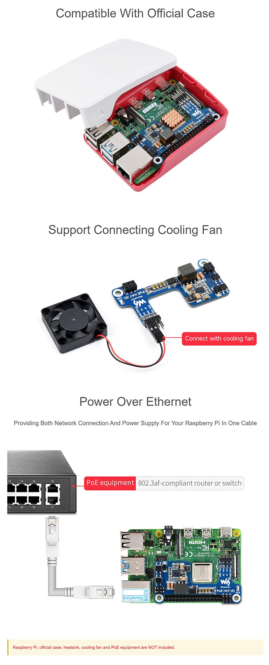 Power Over Ethernet HAT (E) for Raspberry Pi 3B+/4B, Compatible Raspberry Pi Official Case, IEEE 802.3af-Compliant, SMPS Technology