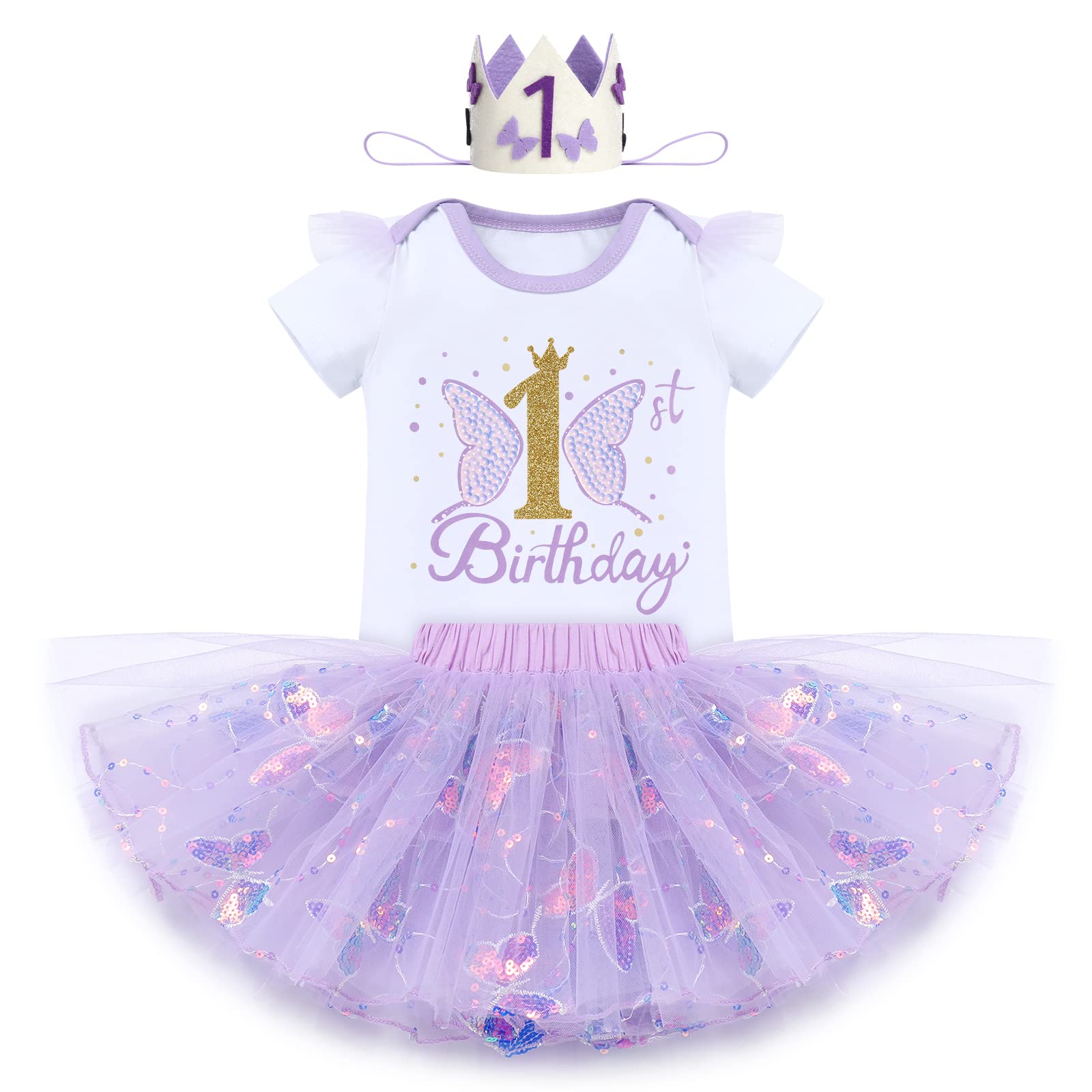 Butterfly 1st Birthday Outfit for Baby Girl Butterfly Romper + Sequins Butterfly Tutu Skirt + Headband 3PCS Clothes Set for Butterfly Party Baby Shower Cake Smash Photo Shoot Purple Butterfly 1 Year