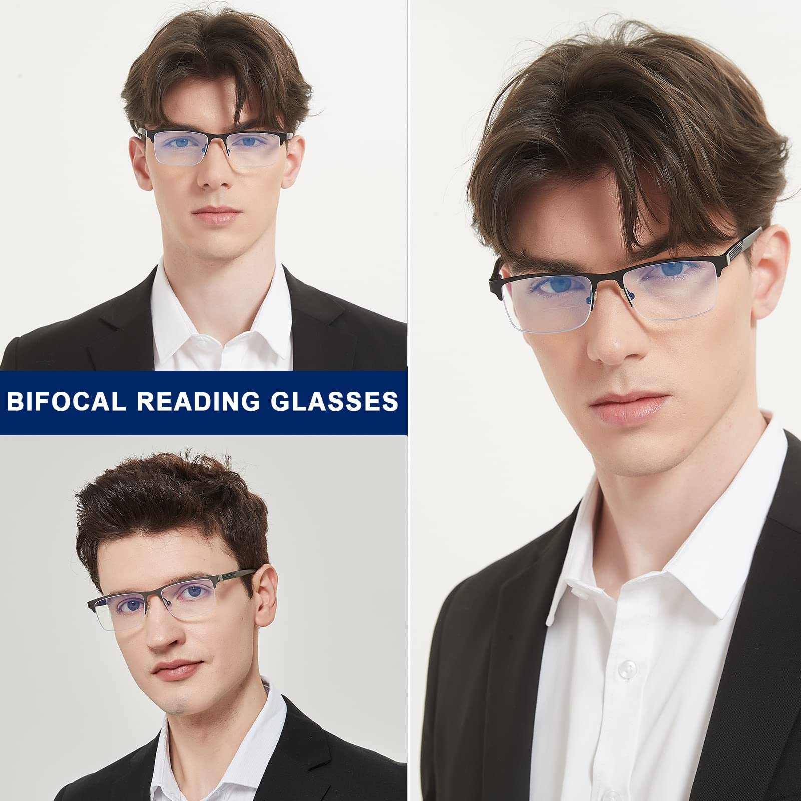 Kafirlo Bifocal Reading Glasses Men Progressive Blue Light Blocking Computer Reader No Line Half Frame Metal Wide Eyeglasses Designer Cheaters Transition Square Stylish Fashion Eyewear +2.00