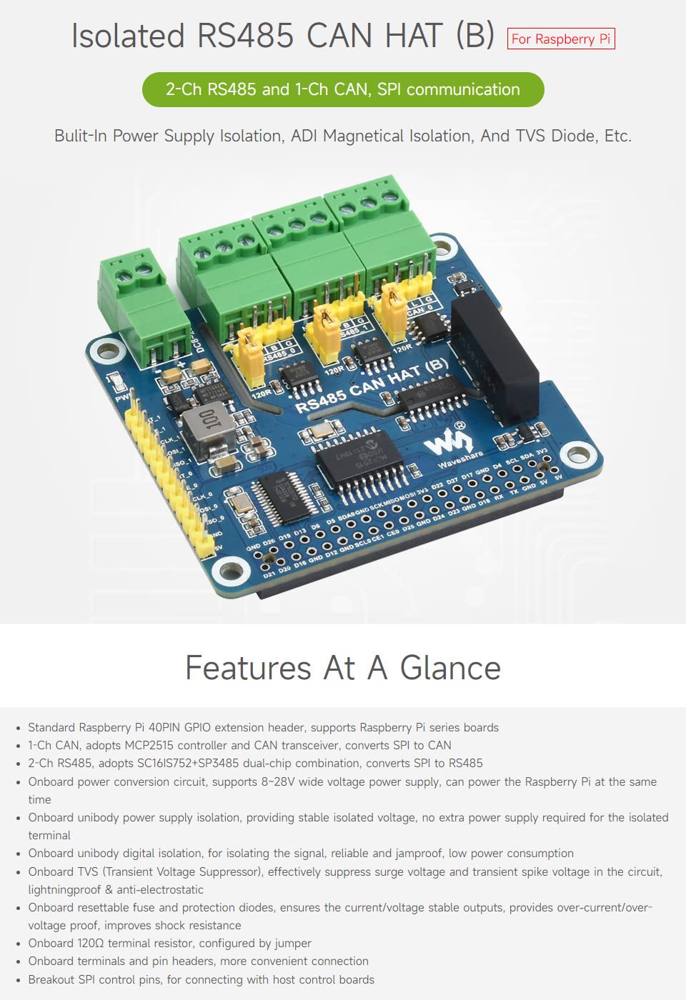 waveshare Isolated RS485 CAN HAT B, Compatible with Raspberry Pi 5/4B/3B/Zero/Zero W/Zero 2W/Pico/Pico W/Pico WH, Type 2-Ch RS485 and 1-Ch CAN Multi Protections