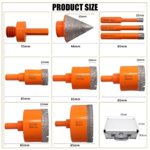 Tile Hole Saw Kit Triangle Shank Diamond Drill Bits Set for Porcelain Tile Ceramic Marble Brick Granite Stone,6/8/10/25/35/38/50/65mm+35mm 5/8-11 Beveling Chamfer Bit Cone Tile Bit+Adapter