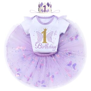 Butterfly 1st Birthday Outfit for Baby Girl Butterfly Romper + Sequins Butterfly Tutu Skirt + Headband 3PCS Clothes Set for Butterfly Party Baby Shower Cake Smash Photo Shoot Purple Butterfly 1 Year