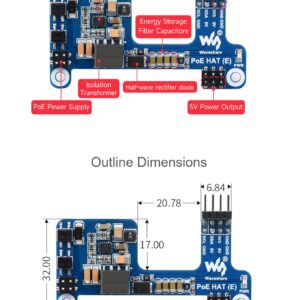 Power Over Ethernet HAT (E) for Raspberry Pi 3B+/4B, Compatible Raspberry Pi Official Case, IEEE 802.3af-Compliant, SMPS Technology