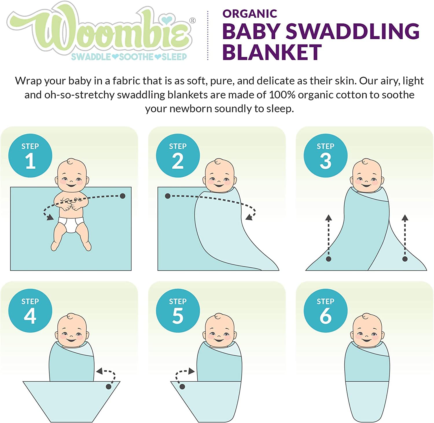 Woombie Organic Baby Swaddling Blanket | Lightweight Baby Swaddle for Girls or Boys| Organic Baby Receiving Blanket, Mindful Mint