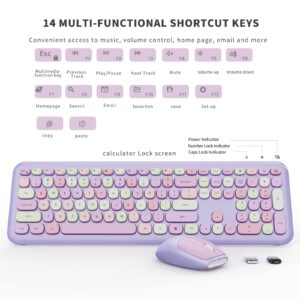 Wireless Keyboard and Mouse Combo, Colorful Ergonomic Full Size Retro Low-Noise Keyboard with Cute keycaps, Compatible with Windows, PC, Perfer for Home and Office Keyboards (Purple)