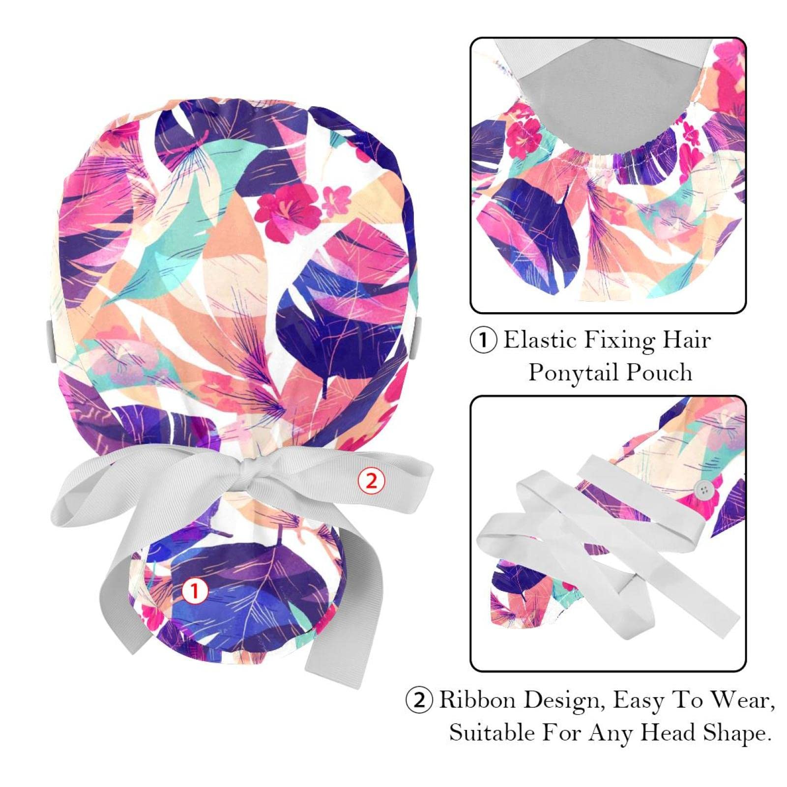 Adjustable Scrub Bouffant Caps, 2 Packs Colorful Floral Working Hat Hair Cover with Ponytail Pouch, Soft Surgical Nurse Cap